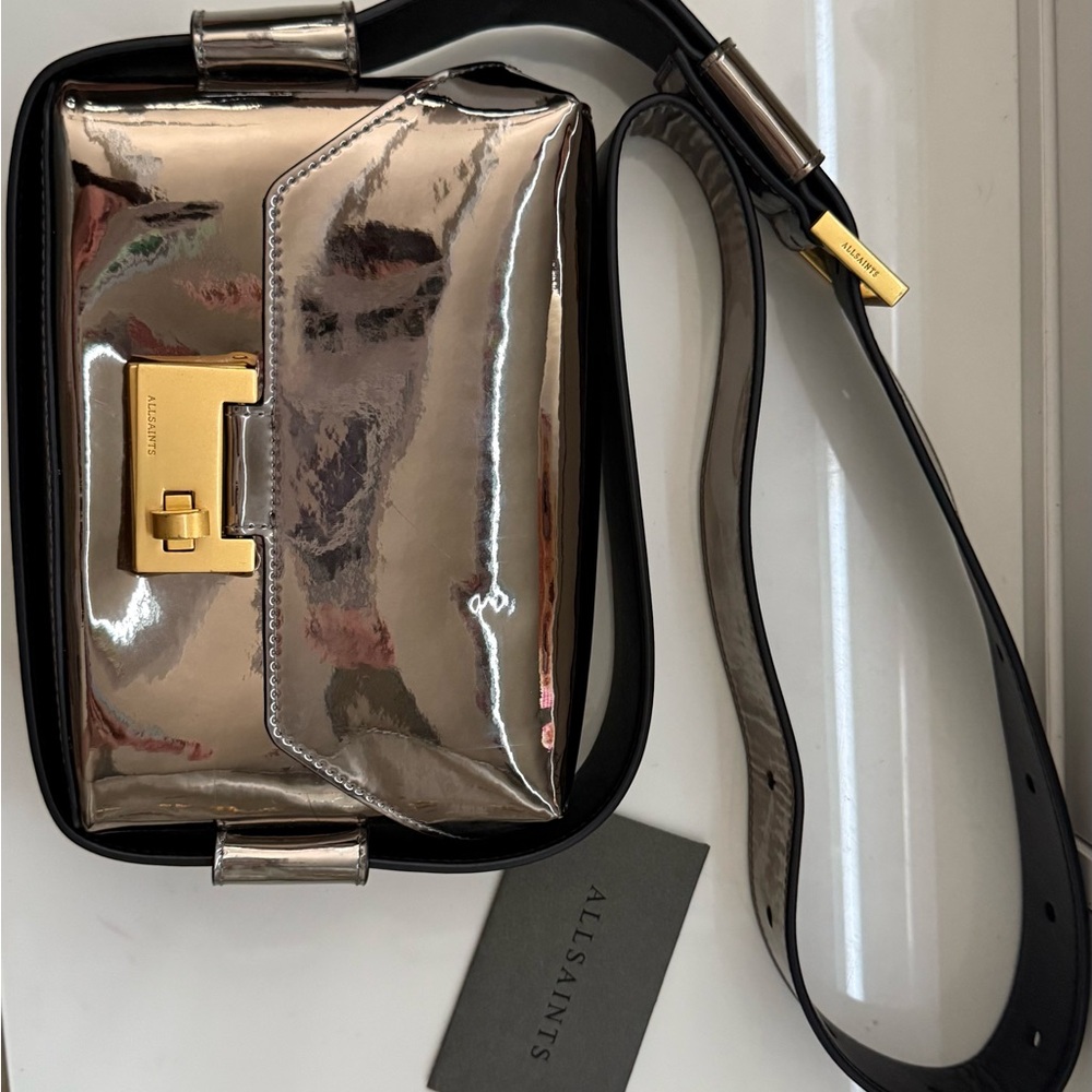 All Saints Shiny Silver and Black Crossbody Bag